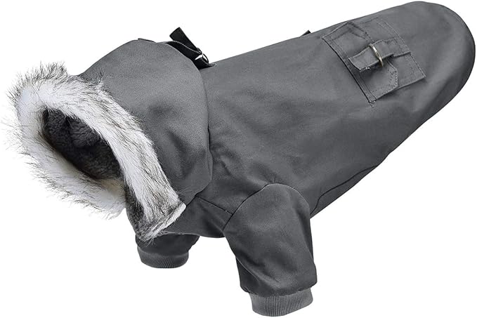 Warm Dog Hooded Trench Coat Windproof Parka Jacket for Cold Weather (M, Black Grey)
