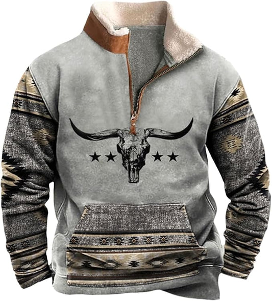 HOTYD Western Jackets for Men Cowboy Sweatshirts Vintage Ethnic Graphic Casual Long Sleeve Top 1/4 Zip Pullover Hoodies