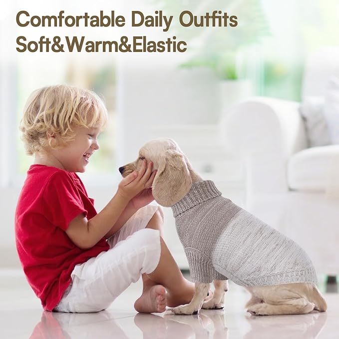 Queenmore Knitted Pullover Dog Sweater, Turtleneck Pet Cat Sweater, Cold Weather Puppy Clothes Stitching Knitwear with Leash Hole for Small Medium Dogs(Khaki,M)