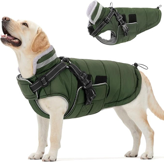 Queenmore Winter Dog Jackets for Large Dogs XXL, Waterproof Winter Coat for Extra Large Pitbull/Great Danes, Warm Puffer Snow Jacket for Cold Weather - Fleece Lining Velcro Closure Reflective, Green