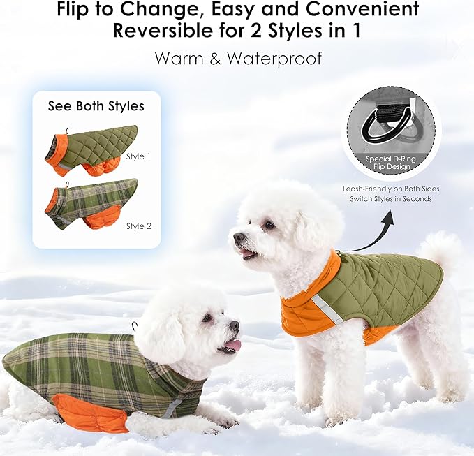 Quilted Dog Winter Coat, Plaid Lined Reversible Vest, Reflective Safety Strip, Cold Weather Pet Apparel Army Green S