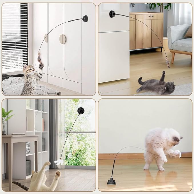Suction Cup Cat Toys for Indoor Cats,3 in 1 Interactive cat Toys for Indoor Cats,Self Play or Handheld,Feathers & Bells,Realistic Toy Mouse and Silvervine Sticks（Black）