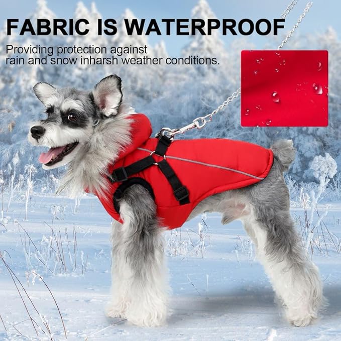 PINA Winter Coat for Dogs - Waterproof Jacket with Faux Fur Hood, Reflective Strap - Red, 2XL
