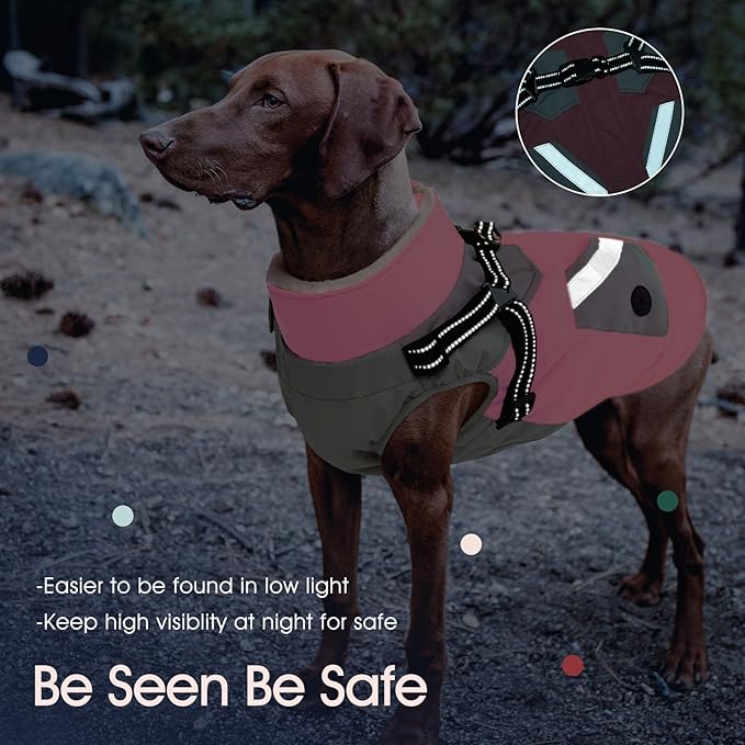 IECOii Dog Winter Coat Waterproof - Pink, Medium - Dog Coat with Harness Built in for Medium Dogs, Thermal Warm Fleece Lined with Zip Up Cold Weather Jacket, Reflective Snowsuit for Outdoor Hiking
