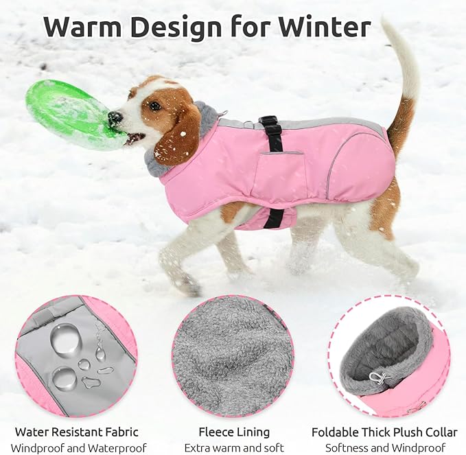 Queenmore Dog Coats for Large Breeds, Doggie Snow Jacket, Adjustable Easy On Dog Winter Jacket for Large Dogs, Waterproof Cold Weather Pet Coat, Pink, L