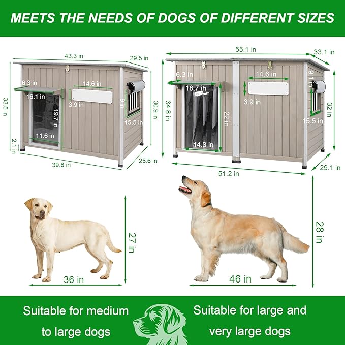 Large Dog House Outdoor Weatherproof XL Dog House Wooden with Adjustable Vent Window, Chew-Proof Iron Frame, Removable Floor, Easy Assembly for Medium to Large Dogs(55" L x 33" W x 35" H)