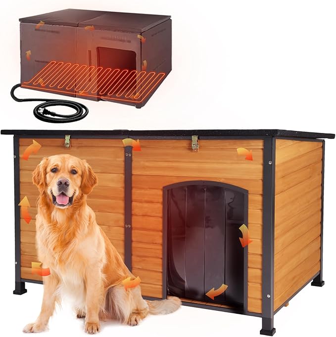 59.1" Extra Large Heated Dog House with Electric Heating Pad,Outdoor & Indoor Dog Kennl with Insulated Liner Keep Warm in Winter, Waterproof Pet Shelter, Strong Metal Frame
