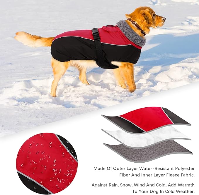 IDOMIK Dog Winter Coat, Reflective Waterproof Dog Jacket for Cold Weather, Warm Pet Coats for Small Medium Large Dogs, High Collar Doggy Fleece Snow Jacket, Winter Vest with Adjustable Buckle,M