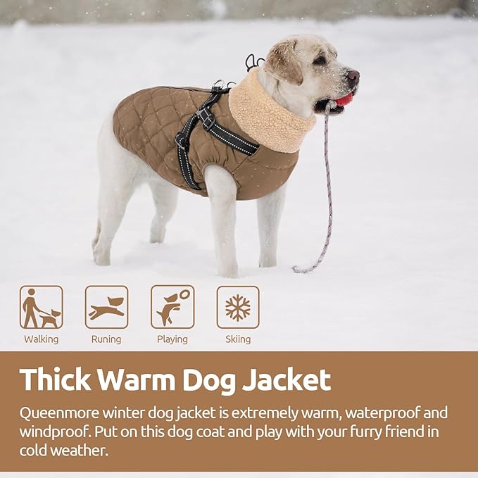 Queenmore Dog Jacket, Dog Coats for Large Dogs, Large Pet Coat with Harness Built in, Thick Fleece Snow Jacket for Extra Large Breeds, Waterproof Windproof Pet Apparel Cold Weather, Brown 3XL