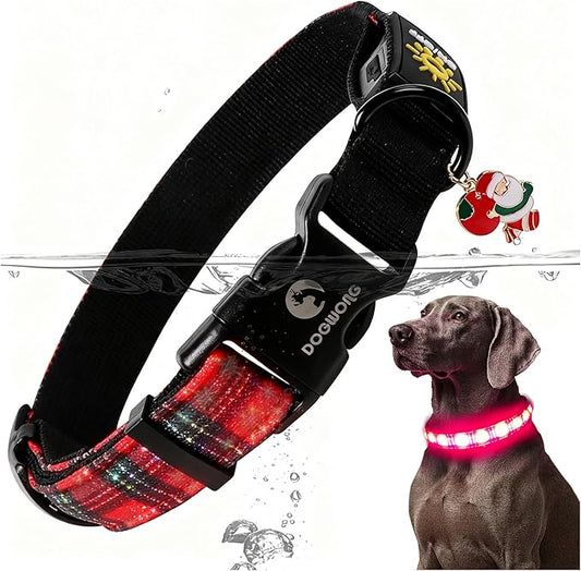 DOGWONG LED Dog Collar - Christmas Red Plaid Heavy Duty Light up Dog Collars - Rechargeable Waterproof - Lighted Dog Collars for Night Walking, Hiking, Camping(Red Plaid,S)
