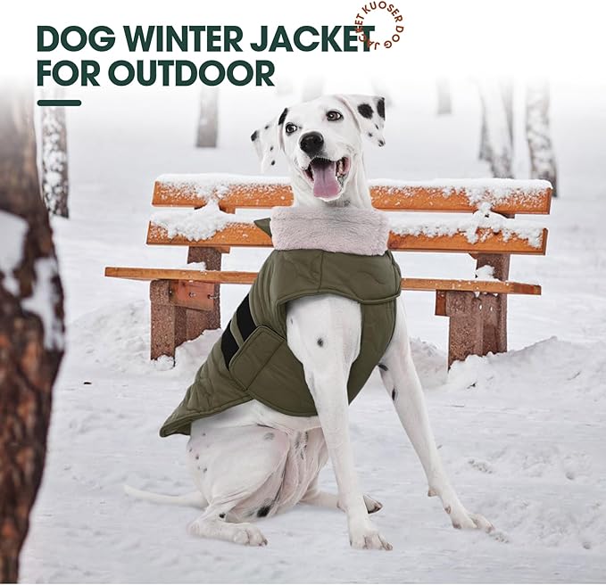 Kuoser Large Dog Coat, Winter Waterproof Dog Jackets for Large Dogs, Doggie Vest with Leash Hole, Cold Weather Coats Pet Snow Jacket for Labrador Beagle, Green XXL