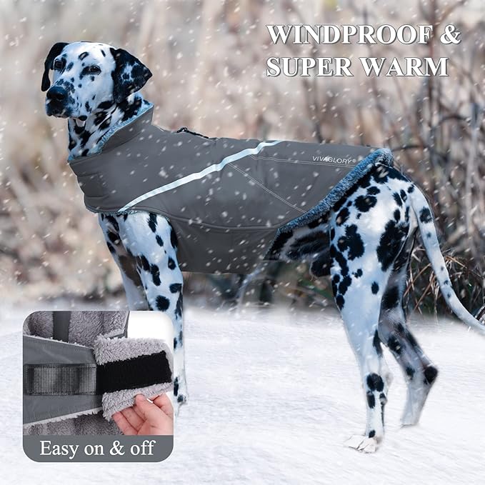 VIVAGLORY Snowrap Dog Coat, Jacket with Harness Hole & Velcro Closure, Dog Coat for Winter & Cold Weather, Fluffy Warm Fleece Lined Reflective Water Resistant for Puppy, XL, Grey