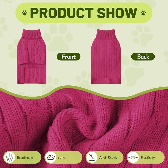Small Dog Thermal Pullover Sweater, Classic Turtleneck Cable Knitwear Dog Clothes for Cold Weather Warm Pet Clothes for Chihuahua, Bulldog, Dachshund, Pug Hot Pink Large