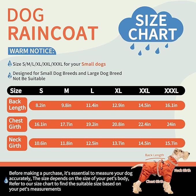 BRKURLEG Dog Raincoat for Small and Medium Dogs, Small Dog Rain Jacket with Harness Built in, Waterproof 4 Legs Pet Raincoats, Puppy Outdoor Jacket with Reflective Strip, Orange, XXXL