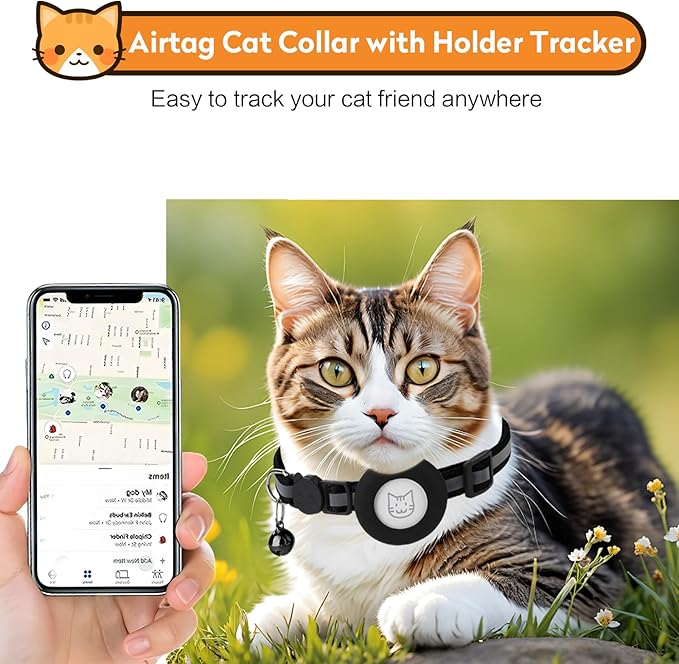 2 Pack Airtag Cat Collar with Bell, Reflective Nylon Kitten Collar with Apple Air Tag Holder and Breakaway Safety Buckle for Puppy Girl Boy Cats, 3/8" in Width and Lightweight, Blue