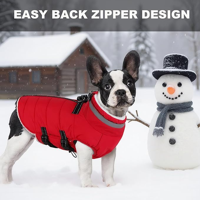 Large Dog Coat with Harness Built-in, Waterproof Reflective Fleece Lined - Warm Windproof Winter Jacket with Back Zipper, Cold Weather Snow Dog Coats - Red - 2XL