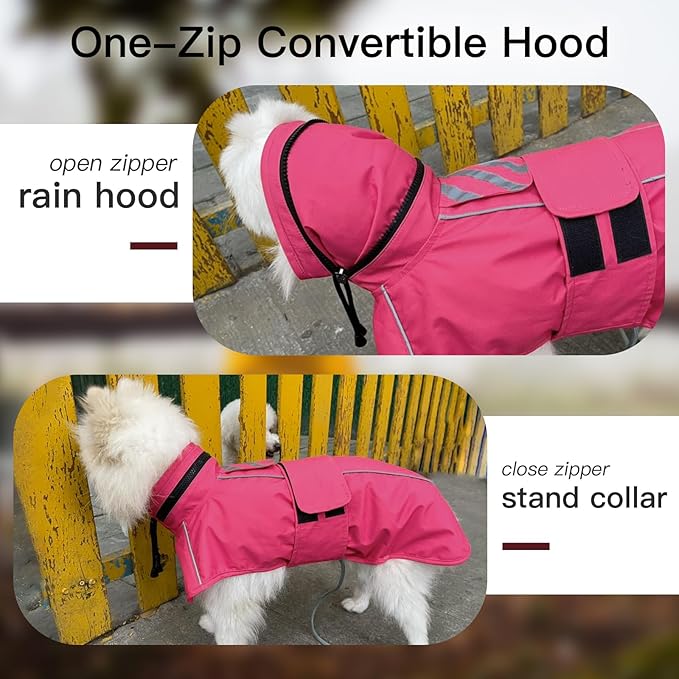 Large Dog Raincoat, Reflective Waterproof Rain Jacket with Convertible Hood/Collar, Lightweight Adjustable Dog Poncho with Leash Hole Full Coverage (Neon Pink, L)