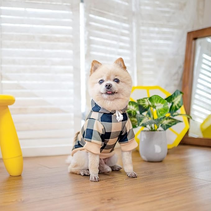 KOOLTAIL Plaid Dog Hoodie Pet Clothes Sweater with Hat and Pocket for Small Medium Large Size Dogs, Soft Winter Warm Dog Cold Weather Coat, Fleece Fall Dog Hooded Sweatshirt for Puppy Cats, Beige M