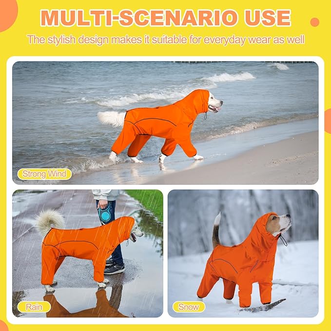 Dog Raincoat, Waterproof Dog Rain Jacket with Removable Hood，Adjustable 4 Legs Pet Poncho with Leash Hole，Reflective Stripe Hooded Snowproof Windproof Clothes for Small to 3X-Large Dogs, 2XL