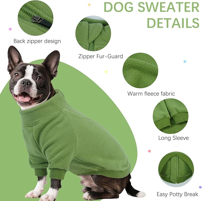 BRKURLEG Dog Sweater Warm Soft Fleece Dogs Sweaters, Turtleneck Sweatshirt for Small Medium Large Dogs, Dog Winter Coat, Christmas Pet Jacket with Zipper Cold Weather Coat (Green, XS)