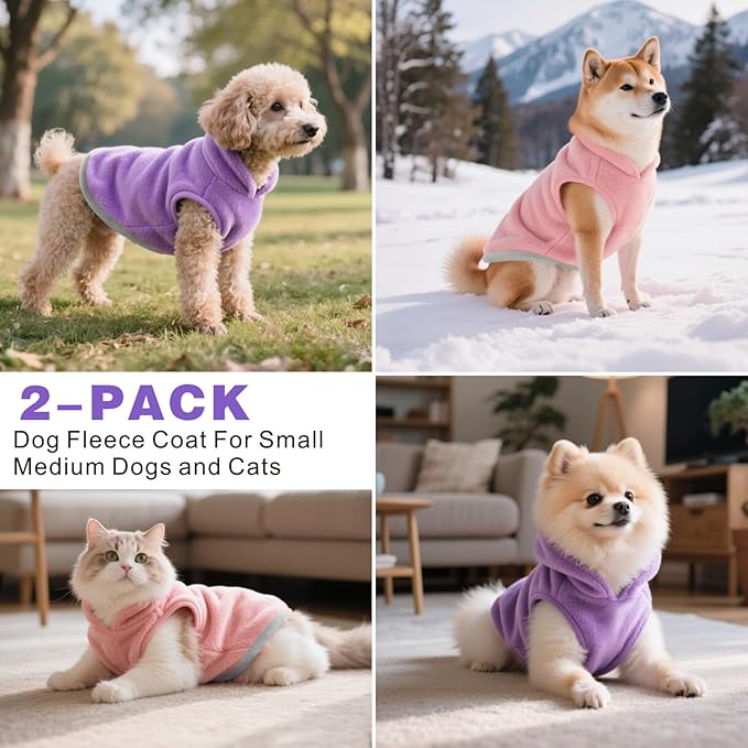 Idepet 2 Pack Dog Fleece Vest Sweater Warm Pullover Jacket with D-Ring Leash Reflective Winter Coat Hoodie for Puppy Cat French Bulldog Pug Chihuahuas Yorkies Dachshunds(Purple&Pink,X-Small)
