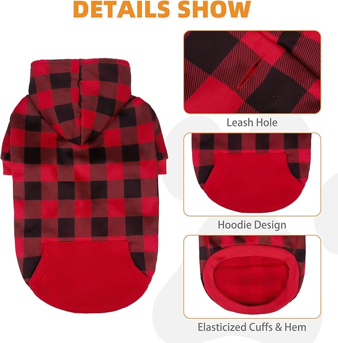 KOOLTAIL Plaid Dog Hoodie Pet Clothes Sweater with Hat and Pocket for Small Medium Large Size Dogs, Soft Winter Warm Dog Cold Weather Coat, Fleece Fall Dog Hooded Sweatshirt for Puppy Cats, Red L