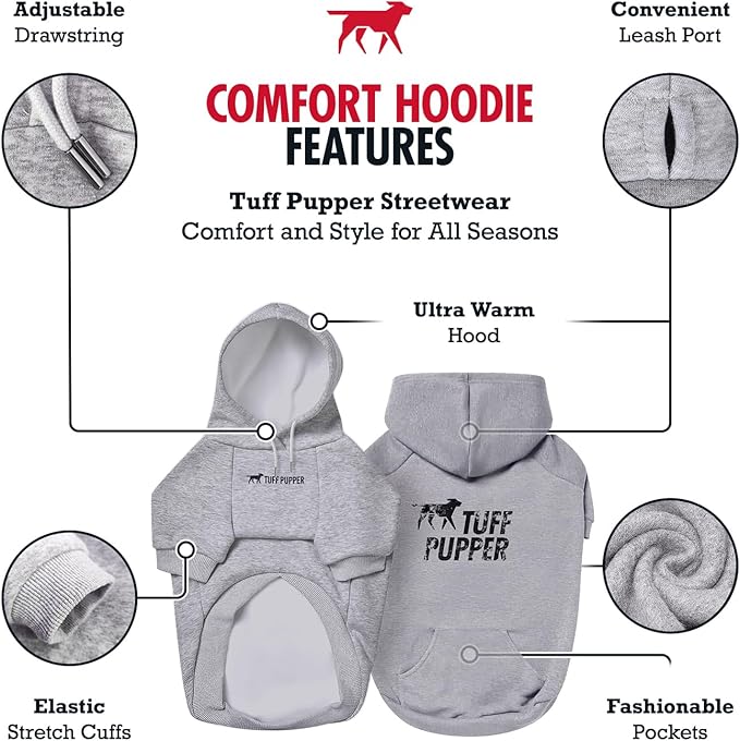 Tuff Pupper Dog Hoodie | Premium Quality 100% Organic Cotton | Ultra Soft Interior for Superior Comfort | Elastic Cuffs & Drawstring for Warmth | Stretch Fit Suitable for All Breeds (Gray, S)