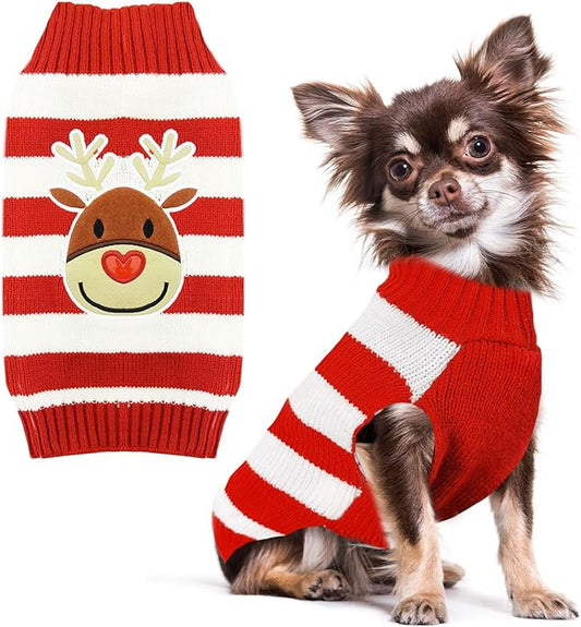 PETCARE Reindeer Christmas Dog Sweater Red Striped Cat Sweater Cartoon Elk Pet Vest Holiday Dog Clothes Puppy Sweaters for Small Medium Large Dogs Cats Fall Winter Outfits Xmas Dogs Costume,X-Large