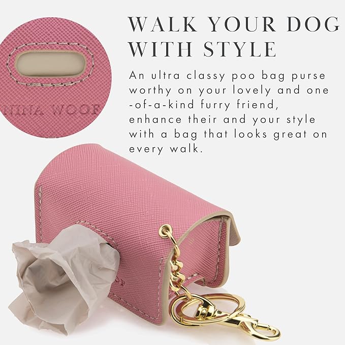 NINA WOOF Leather Poop Bag Holder- Versatile Vegan Leather Waste Bag Holder for Dog Poop, Accessories, & Leash, Reusable Pet Waste, Trash, Pet Diaper & Poop Bags Small Pouch Holder (Pink)