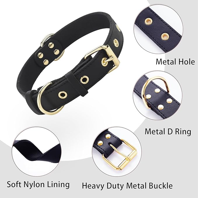 Leather Dog Collar,Dog Collar with Adjustable Sturdy Metal Buckle,Heavy Duty Dog Collar for Walking, Hiking, Training, Hunting (Black,S:15.2"-19.2" Neck)