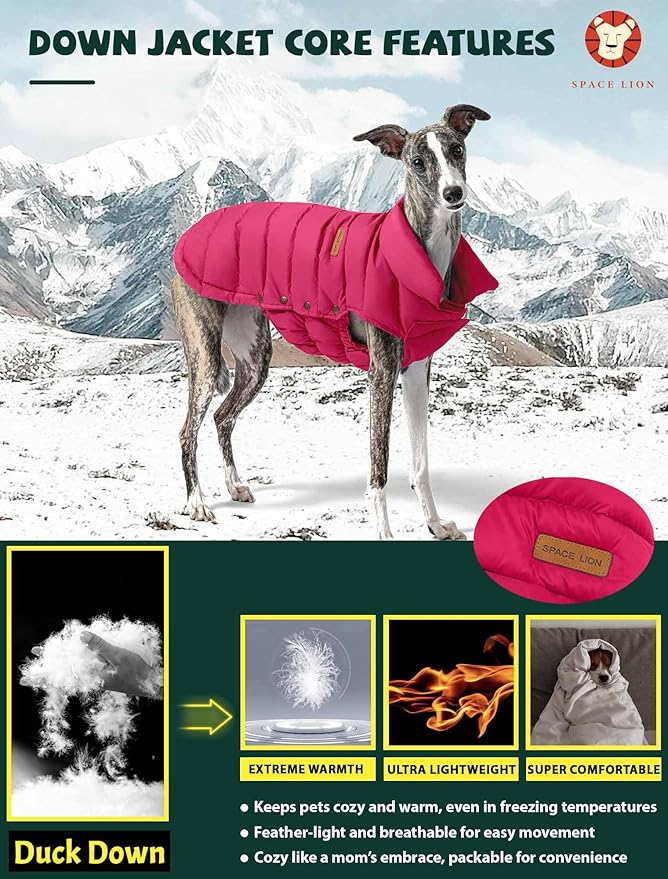 SPACE LION Dog Puffer Jacket, Down Winter Coat, Durable Outdoor Coat for Cold and Windy Conditions, Waterproof, Lightweight Jacket, Adjustable Fit for Small, Medium, Large Dogs(Red,8/XS)