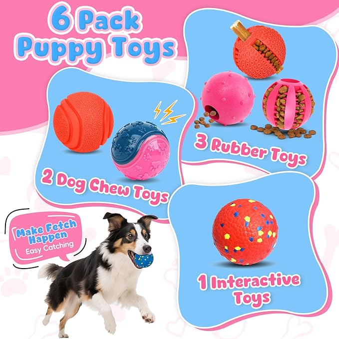 Dog Balls 6 Pack, Puppy Toys for Small & Medium Dogs, Interactive Dog Fetch Ball, Squeaky Chew Toys for Teeth/Slow Feeder/IQ Training/Playing, Dog Toys to Keep Them Busy