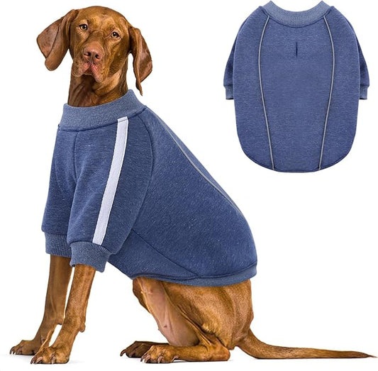 Queenmore Fleece Dog Sweater for Male Dogs, Soft Pullover Dog Sweatshirt with Leash Hole/Reflective Stripes – Cozy Winter Fleece Jacket for Small Medium Large Boy Puppy, Blue XXL