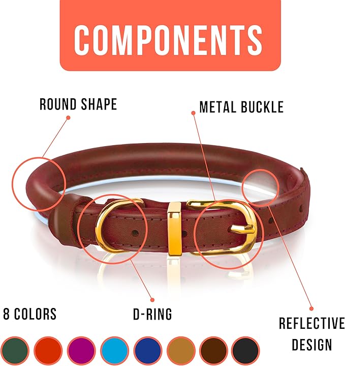 OOPSDOGGY Reflective Rolled Leather Dog Collar Adjustable Soft Padded Pet Collar for Small Medium Large Breed Dogs (Brown, XS, 8"-11")