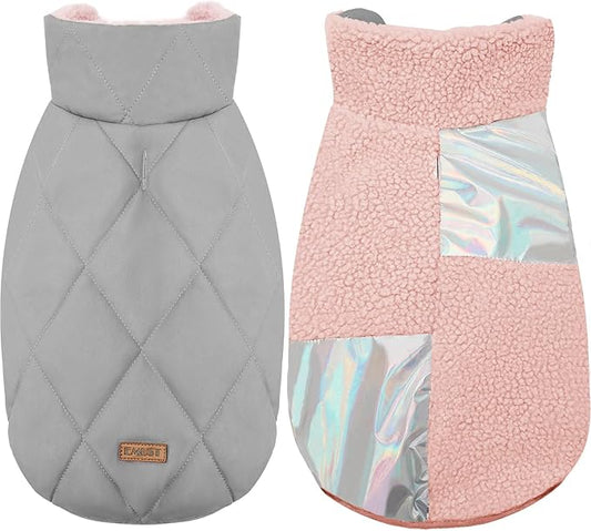 EMUST Warm Dog Jacket, Cozy Dog Fleece Coat with Leash Hole, Waterproof Reversible Winter Coats for Small Dogs, Pink, XS