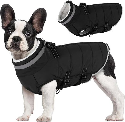 Medium Dog Coat with Harness Built-in, Waterproof Reflective Fleece Lined - Warm Windproof Winter Jacket with Back Zipper, Cold Weather Snow Dog Coats - Black - M