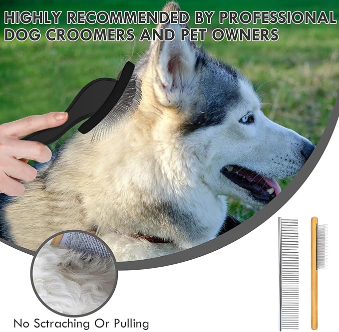 Dog Slicker Brush for Medium or Long Haired Dogs, Long Pin Slicker Brush for Removes Loose Hair, Tangles and Knots, Best Grooming Tools for Small Animals, Large, Free Pet Comb, Black