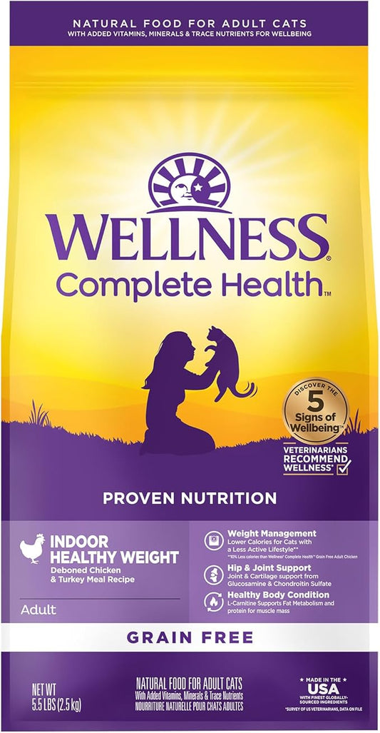 Wellness Complete Health Adult Dry Cat Food for Indoor Cats, Grain Free, Natural, Healthy Weight Chicken & Turkey Meal (5.5 Pound Bag)