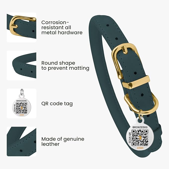 BronzeDog Rolled Leather Dog Collar with QR ID Tag, Adjustable Soft Round Collars for Small Medium Large Dogs Puppy (16" - 19" Neck Size, Denim)