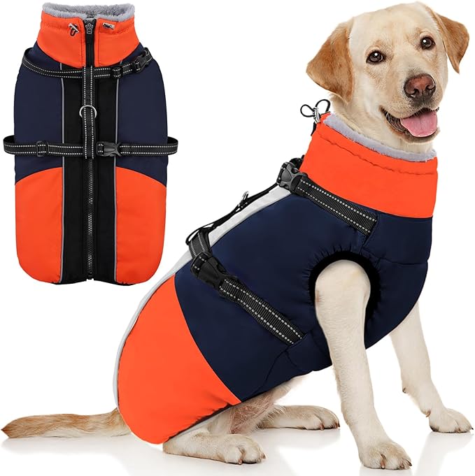 AOFITEE Dog Coat for Large Dogs, Waterproof Dog Winter Jacket with Built in Harness, Warm Turtleneck Cold Weather Coats Large, Reflective Fleece Lined Snow Jacket for French Bulldog, Boston Terrier, L