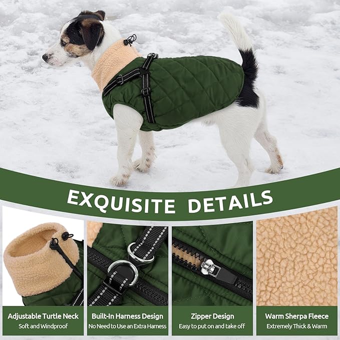 Queenmore Dog Jackets for Large Dogs, Dog Coat with Harness Built-in, Thick Fleece Lining Waterproof Jacket for Large Breeds, Back Zipper Pet Winter Jacket for Retriever, Labrador, ArmyGreen XL