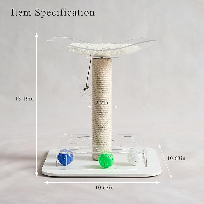Modern 3-in-1 Interactive Cat Toy with Puzzle Box, Cat Bed/Perch & Scratching Posts, Colorful Jingle Balls, Dangling Accent, Puzzle Toys for Indoor Cats, Acrylic, White