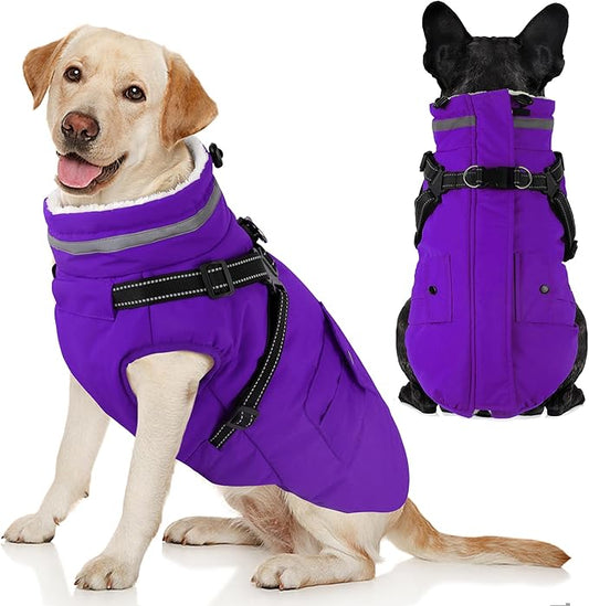 Dogcheer Dog Coat with Harness, Waterproof Warm Dog Winter Jacket with Pockets, Reflective Pet Fleece Jacket Turtleneck Snowsuit for Small Medium Large Dogs - Purple, 2XL