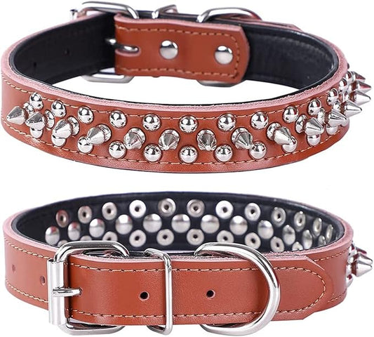 Adjustable Genuine Leather Spiked Studded Dog Collars for Small Medium Large Pets Like Pit Bull Bulldog Pugs Husky (M, Brown)