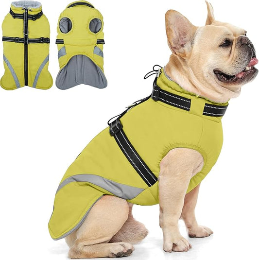 QBLEEV Dog Coat for Medium Dogs, Waterproof Dog Winter Coat with Built-in Harness and D-Ring, Zip Up Pet Cold Weather Coats with Fleece Lined, Warm Snowsuit Gear Vest for Pug Boston Terrier, Green, M
