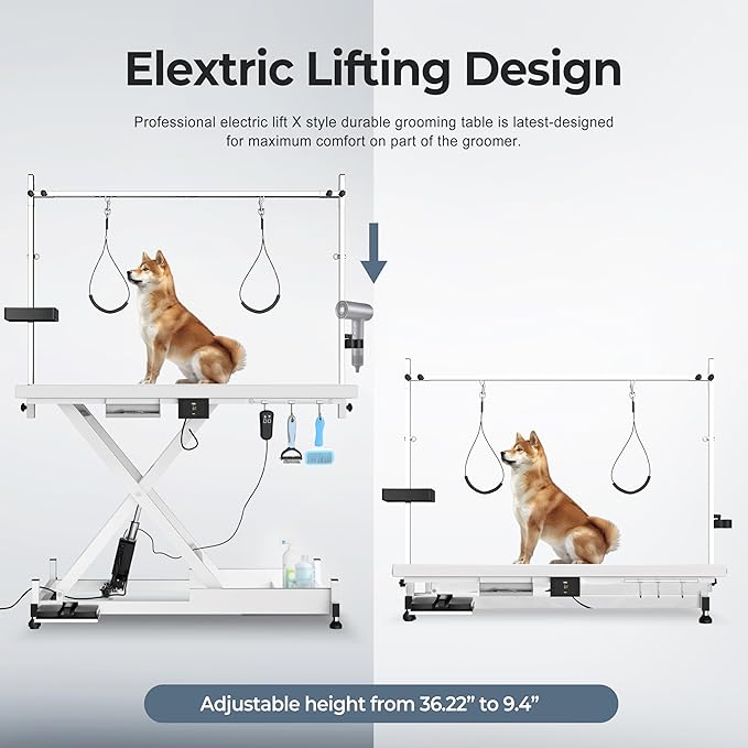 Electric Lift Dog Grooming Table, Upgrade 50 Inch Heavy Duty Professional Pet Grooming Table with Tool Organizer for Large Dogs at Home with Adjustable Overhead Arms and 2 Grooming Noose, White