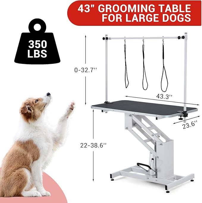 43.3" Hydraulic Grooming Table for Dogs-350LBS Electric Dog Grooming Table,22''-39'' Adjustable Height with Arm & Noose