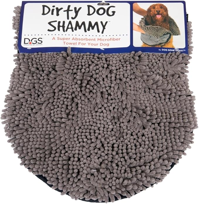 Dog Gone Smart The Dirty Dog Shammy - Fast Drying Plush Shammy Towel with Dual Hand Pockets and Elastic - Super Absorbent Microfiber and Machine Washable - Grey