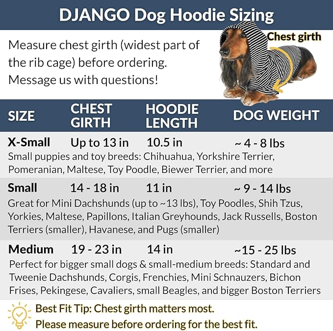 DJANGO Dog Hoodie – Warm, Lightweight, Soft & Stretchy Dog Sweater with Hood, Harness Hole & Elastic Waistband – Cozy Sweatshirt for Small Dogs up to 25 lbs, Dachshunds & Puppies – Navy Blue, X-Small