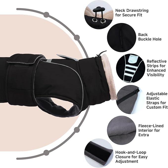 Dog Winter Coat for Small to Large Dogs(XS-XXXL)– Waterproof Windproof Fleece Lined Jacket with Reflective Trim,Pet Vest with Adjustable Buckles, Machine Washable Black XL